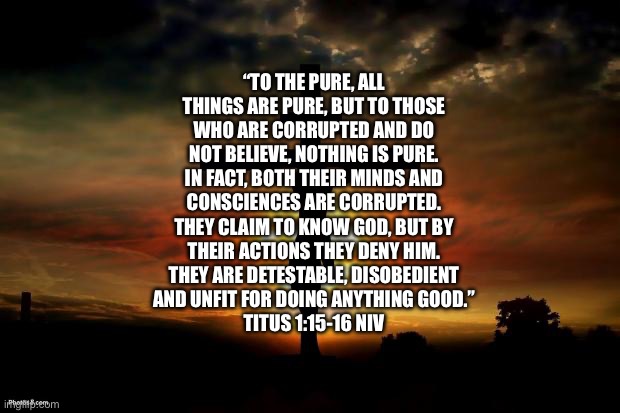 Jesus on the cross | “TO THE PURE, ALL THINGS ARE PURE, BUT TO THOSE WHO ARE CORRUPTED AND DO NOT BELIEVE, NOTHING IS PURE. IN FACT, BOTH THEIR MINDS AND CONSCIENCES ARE CORRUPTED. THEY CLAIM TO KNOW GOD, BUT BY THEIR ACTIONS THEY DENY HIM. THEY ARE DETESTABLE, DISOBEDIENT AND UNFIT FOR DOING ANYTHING GOOD.”
‭‭TITUS‬ ‭1‬:‭15‬-‭16‬ ‭NIV‬‬ | image tagged in jesus on the cross | made w/ Imgflip meme maker