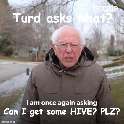 Bernie I Am Once Again Asking For Your Support | Turd asks what? Can I get some HIVE? PLZ? | image tagged in memes,bernie i am once again asking for your support | made w/ Imgflip meme maker