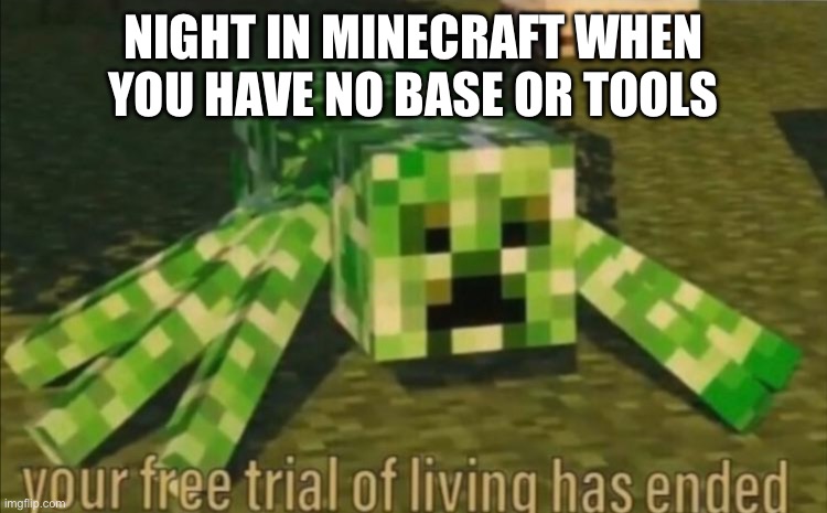 Your Free Trial of Living Has Ended | NIGHT IN MINECRAFT WHEN YOU HAVE NO BASE OR TOOLS | image tagged in your free trial of living has ended | made w/ Imgflip meme maker