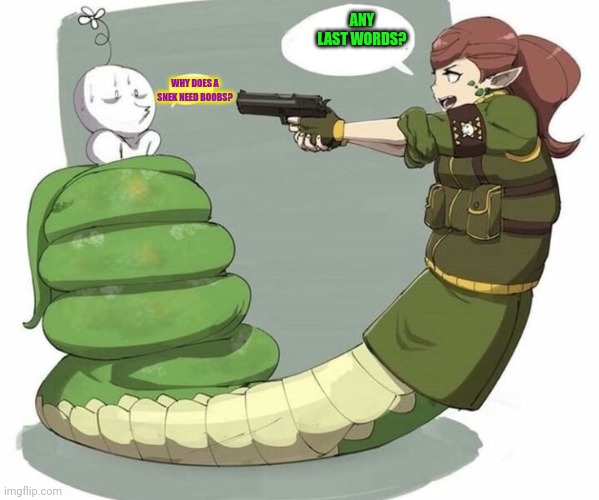 Lamia Problems | ANY LAST WORDS? WHY DOES A SNEK NEED BOOBS? | image tagged in lamia,snek,snakegirl,anime girl | made w/ Imgflip meme maker