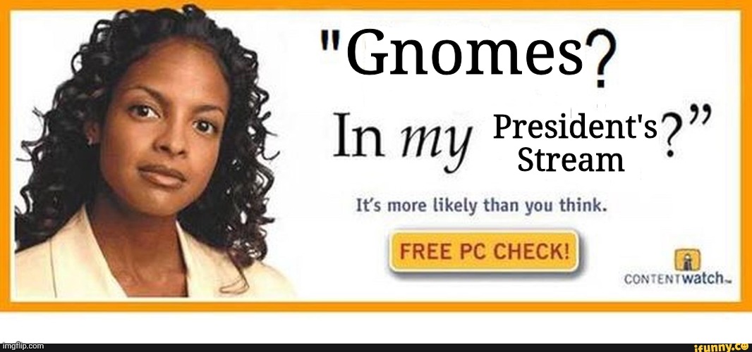 Oh no. Anyway | Gnomes; President's Stream | image tagged in gnomes,president,stream | made w/ Imgflip meme maker