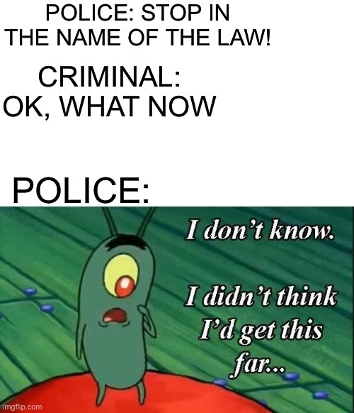 If the Police were that dumb. | POLICE: STOP IN THE NAME OF THE LAW! CRIMINAL: OK, WHAT NOW; POLICE: | image tagged in plankton i don't know i didnt think id get this far | made w/ Imgflip meme maker