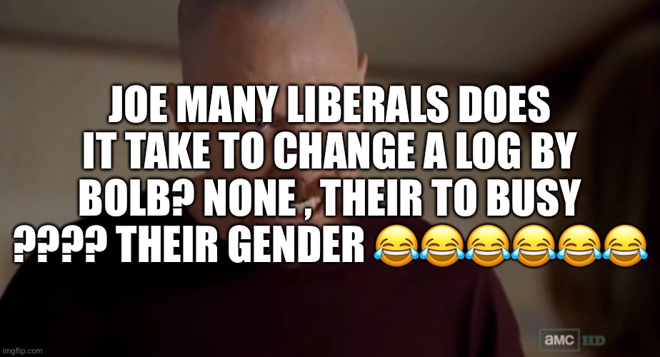 I am the one who knocks | JOE MANY LIBERALS DOES IT TAKE TO CHANGE A LOG BY BOLB? NONE , THEIR TO BUSY ???? THEIR GENDER ?????? | image tagged in i am the one who knocks | made w/ Imgflip meme maker