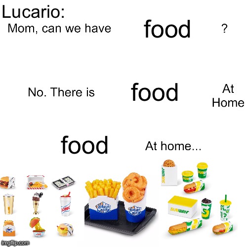 They’re mini brands for those who don’t know | Lucario:; food; food; food | image tagged in mom can we have | made w/ Imgflip meme maker
