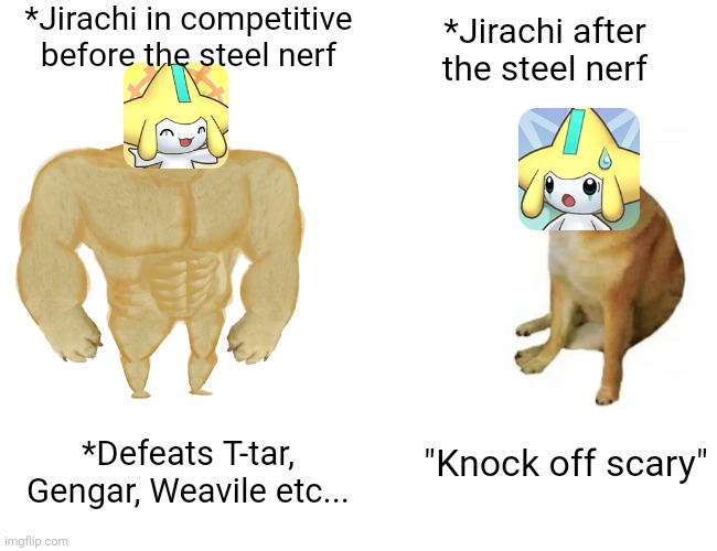 Jirachi | *Jirachi in competitive before the steel nerf; *Jirachi after the steel nerf; "Knock off scary"; *Defeats T-tar, Gengar, Weavile etc... | image tagged in memes,buff doge vs cheems | made w/ Imgflip meme maker