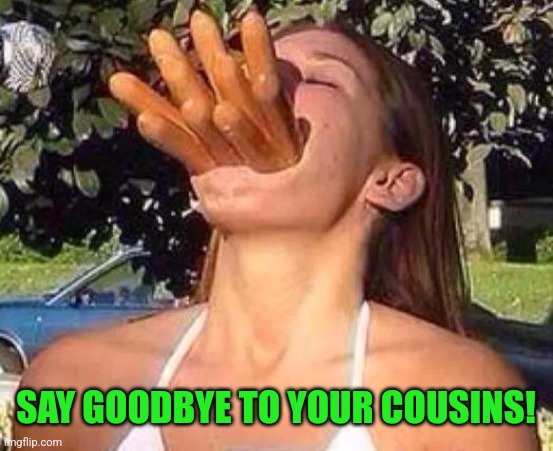 hot dog girl | SAY GOODBYE TO YOUR COUSINS! | image tagged in hot dog girl | made w/ Imgflip meme maker