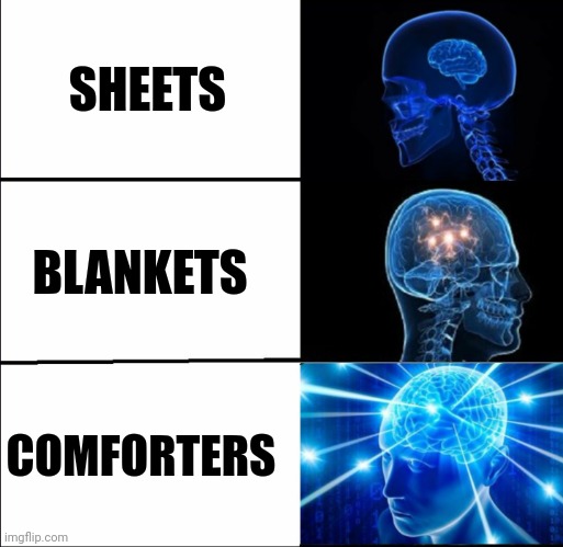 Comforters | SHEETS; BLANKETS; COMFORTERS | image tagged in galaxy brain 3 brains | made w/ Imgflip meme maker