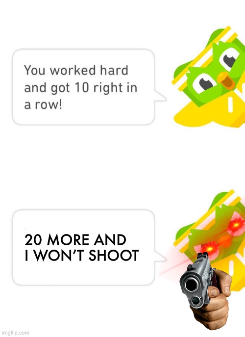 WHYWHYWHYWHYWHYWHYWHYWHYWHYWHY!?!?!?! | 20 MORE AND I WON’T SHOOT | image tagged in duolingo,duolingo bird | made w/ Imgflip meme maker