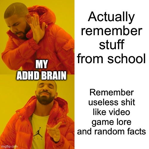 Drake Hotline Bling | Actually remember stuff from school; MY ADHD BRAIN; Remember useless shit like video game lore and random facts | image tagged in memes,drake hotline bling | made w/ Imgflip meme maker