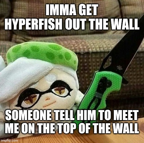 The knife is for self defense | IMMA GET HYPERFISH OUT THE WALL; SOMEONE TELL HIM TO MEET ME ON THE TOP OF THE WALL | image tagged in marie plush with a knife,announcement | made w/ Imgflip meme maker