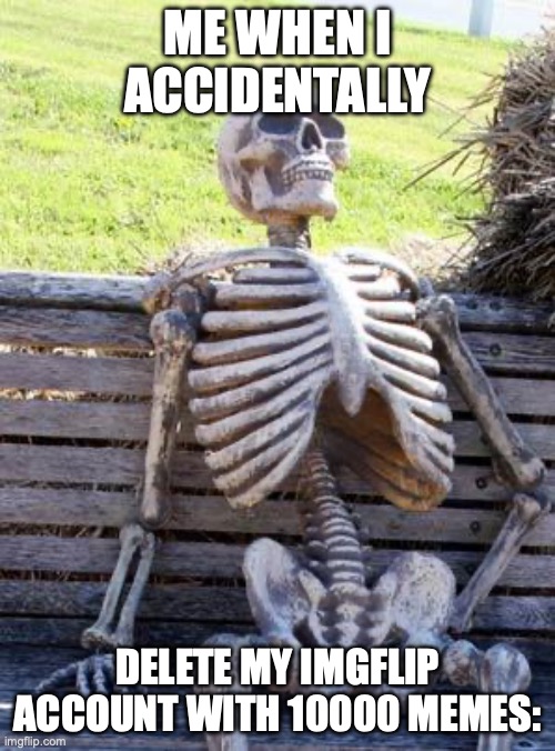 Waiting Skeleton | ME WHEN I ACCIDENTALLY; DELETE MY IMGFLIP ACCOUNT WITH 10000 MEMES: | image tagged in memes,waiting skeleton | made w/ Imgflip meme maker