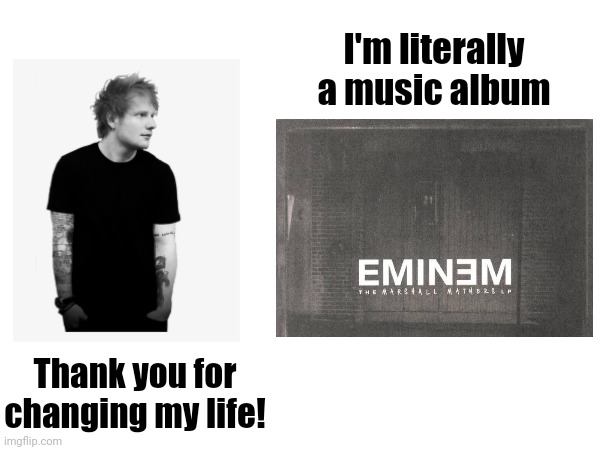 Eminem Ed Sheeran stutter meme | I'm literally a music album; Thank you for changing my life! | image tagged in eminem,ed sheeran,marshall mathers lp | made w/ Imgflip meme maker