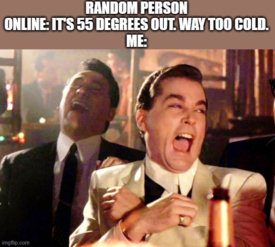 Good Fellas Hilarious | RANDOM PERSON ONLINE: IT'S 55 DEGREES OUT. WAY TOO COLD.
ME: | image tagged in memes,good fellas hilarious | made w/ Imgflip meme maker