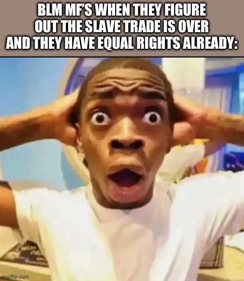 Surprised Black Guy | BLM MF’S WHEN THEY FIGURE OUT THE SLAVE TRADE IS OVER AND THEY HAVE EQUAL RIGHTS ALREADY: | image tagged in surprised black guy | made w/ Imgflip meme maker