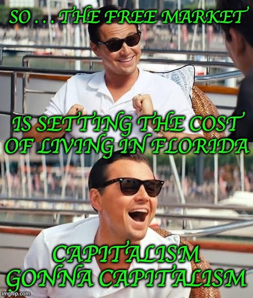 Leonardo Dicaprio Wolf Of Wall Street Meme | SO . . . THE FREE MARKET CAPITALISM GONNA CAPITALISM IS SETTING THE COST OF LIVING IN FLORIDA | image tagged in memes,leonardo dicaprio wolf of wall street | made w/ Imgflip meme maker