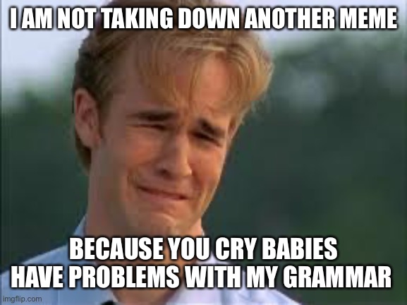 Whiners | I AM NOT TAKING DOWN ANOTHER MEME; BECAUSE YOU CRY BABIES HAVE PROBLEMS WITH MY GRAMMAR | image tagged in whiners | made w/ Imgflip meme maker