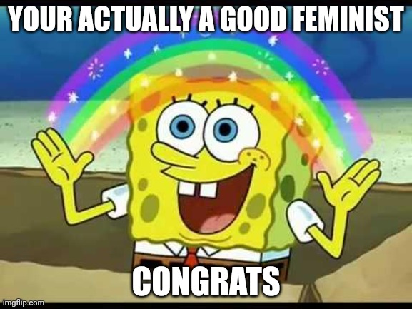 spongebob imagination | YOUR ACTUALLY A GOOD FEMINIST CONGRATS | image tagged in spongebob imagination | made w/ Imgflip meme maker