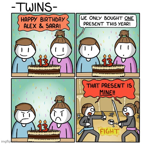 Twin present fight | image tagged in twin,birthday,present,fight,comics,comics/cartoons | made w/ Imgflip meme maker