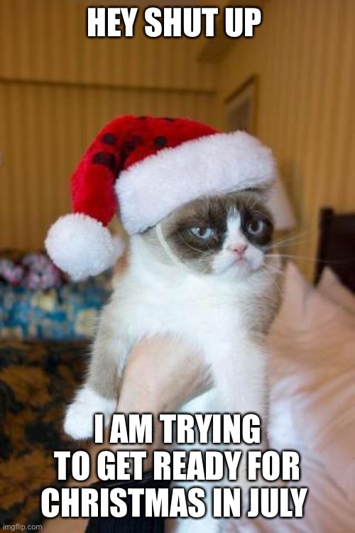 Grumpy Cat Christmas | HEY SHUT UP; I AM TRYING TO GET READY FOR CHRISTMAS IN JULY | image tagged in memes,grumpy cat christmas,grumpy cat | made w/ Imgflip meme maker