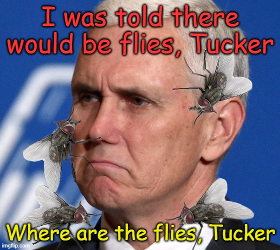 Tucker reveals the truth at the Family Leadership Conference like flies on Pence. | I was told there would be flies, Tucker; Where are the flies, Tucker | image tagged in mike pence | made w/ Imgflip meme maker