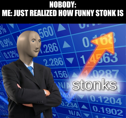 stonks | NOBODY:
ME: JUST REALIZED HOW FUNNY STONK IS | image tagged in stonks | made w/ Imgflip meme maker