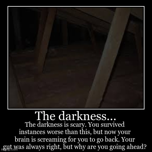 The darkness... | The darkness is scary. You survived instances worse than this, but now your brain is screaming for you to go back. Your gu | image tagged in funny,demotivationals | made w/ Imgflip demotivational maker