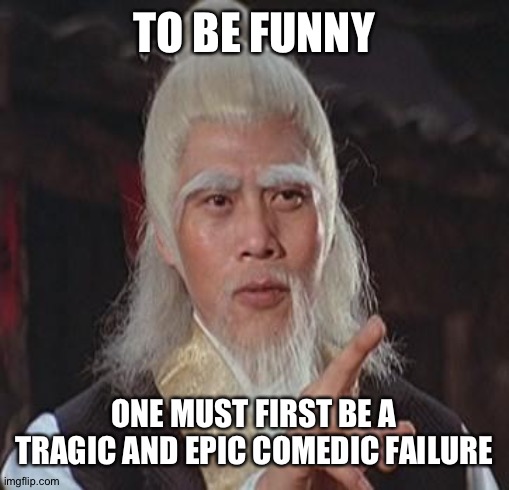 Wise words | TO BE FUNNY; ONE MUST FIRST BE A TRAGIC AND EPIC COMEDIC FAILURE | image tagged in wise kung fu master | made w/ Imgflip meme maker