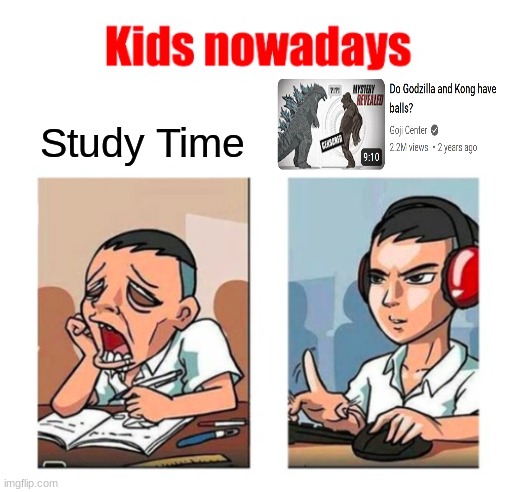 "Why doesn't Kong have a gigantic dong majestically swinging over the inhabitants of Skull Island?"
-The Goji Center Guy | Study Time | made w/ Imgflip meme maker