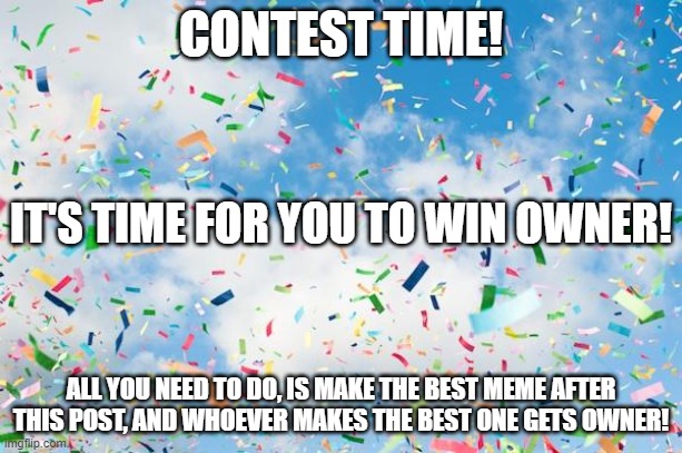 Let's go! | CONTEST TIME! IT'S TIME FOR YOU TO WIN OWNER! ALL YOU NEED TO DO, IS MAKE THE BEST MEME AFTER THIS POST, AND WHOEVER MAKES THE BEST ONE GETS OWNER! | image tagged in confetti | made w/ Imgflip meme maker