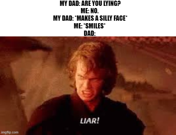 MY DAD: ARE YOU LYING?
ME: NO. 
MY DAD: *MAKES A SILLY FACE*
ME: *SMILES* 
DAD: | image tagged in anakin liar,dad,liar,family | made w/ Imgflip meme maker