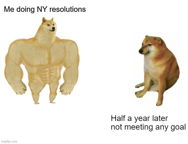 Buff Doge vs. Cheems | Me doing NY resolutions; Half a year later not meeting any goal | image tagged in memes,buff doge vs cheems,new year resolutions,disappointment | made w/ Imgflip meme maker