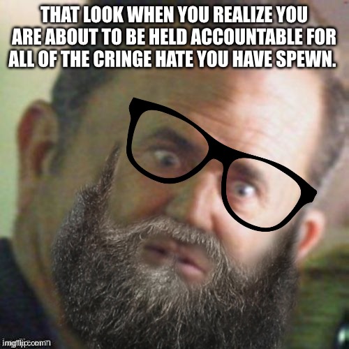 THAT LOOK WHEN YOU REALIZE YOU ARE ABOUT TO BE HELD ACCOUNTABLE FOR ALL OF THE CRINGE HATE YOU HAVE SPEWN. | made w/ Imgflip meme maker