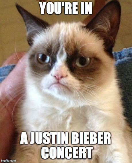 Grumpy Cat Meme | YOU'RE IN A JUSTIN BIEBER CONCERT | image tagged in memes,grumpy cat | made w/ Imgflip meme maker