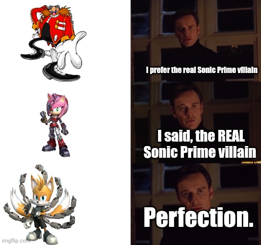 perfection | I prefer the real Sonic Prime villain; I said, the REAL Sonic Prime villain; Perfection. | image tagged in perfection | made w/ Imgflip meme maker