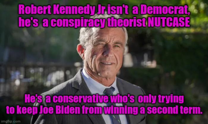 Robert F. Kennedy, Jr. | Robert Kennedy Jr isn't  a Democrat,  he's  a conspiracy theorist NUTCASE; He's  a conservative who's  only trying to keep Joe Biden from winning a second term. | image tagged in robert f kennedy jr | made w/ Imgflip meme maker