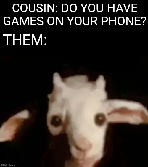 COUSIN: DO YOU HAVE GAMES ON YOUR PHONE? THEM: | image tagged in fun | made w/ Imgflip meme maker
