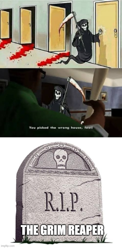 THE GRIM REAPER | image tagged in you picked the wrong housr fool,rip | made w/ Imgflip meme maker