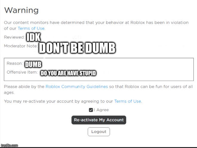 I got a warning on roblox for being dumb? | DON'T BE DUMB; IDK; DUMB; DO YOU ARE HAVE STUPID | image tagged in roblox | made w/ Imgflip meme maker