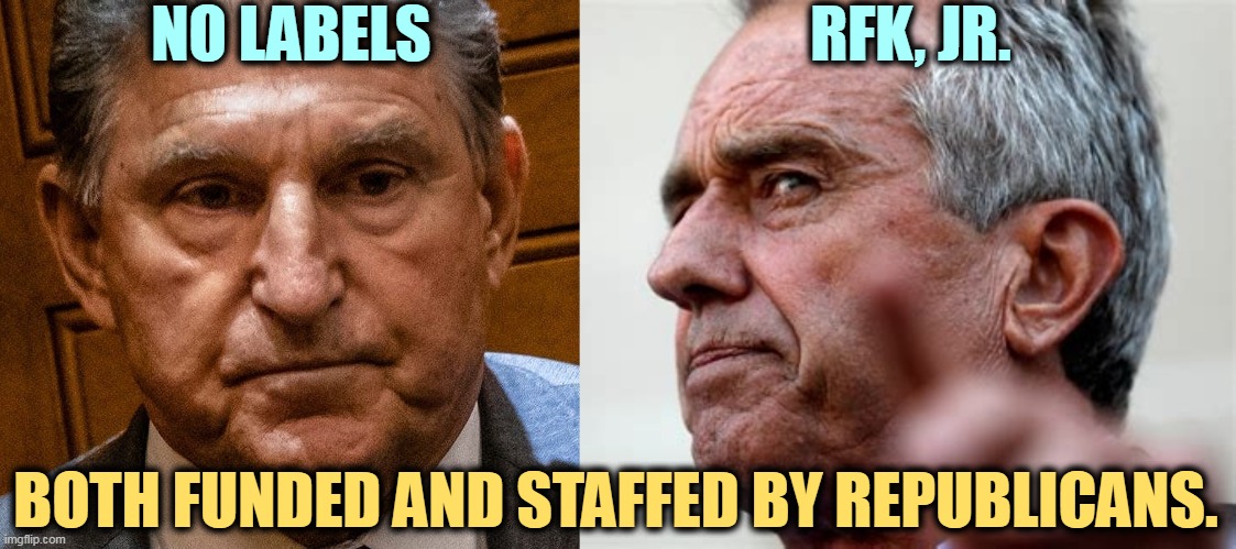 SPOILERS! | NO LABELS; RFK, JR. BOTH FUNDED AND STAFFED BY REPUBLICANS. | image tagged in rfk jr insane run by steve bannon and republican money,rfk jr,steve bannon,joe manchin,no labels,republican | made w/ Imgflip meme maker