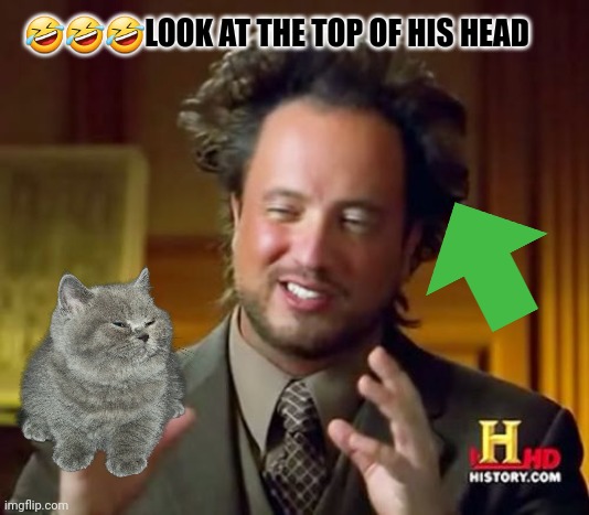 Bad hair day while holding cat (cat did it?) | 🤣🤣🤣LOOK AT THE TOP OF HIS HEAD | image tagged in memes,ancient aliens | made w/ Imgflip meme maker
