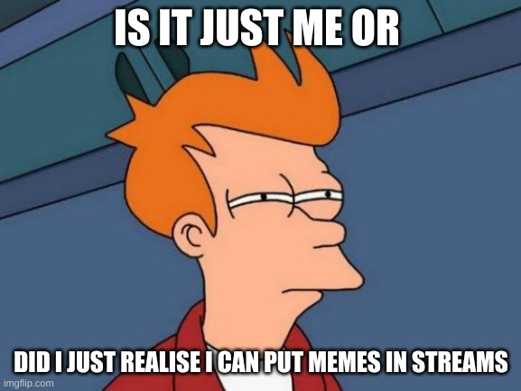 Futurama Fry | IS IT JUST ME OR; DID I JUST REALISE I CAN PUT MEMES IN STREAMS | image tagged in memes,futurama fry | made w/ Imgflip meme maker