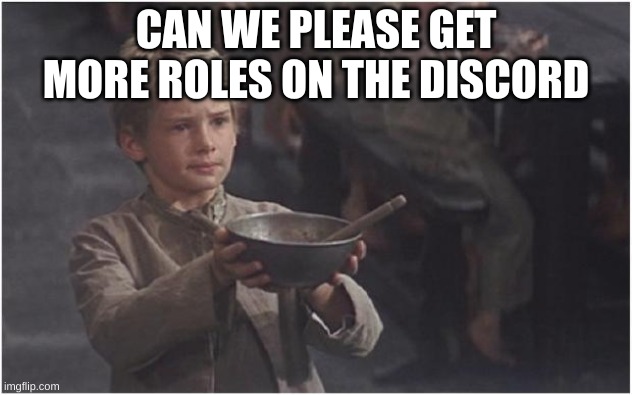 ,last time i promise | CAN WE PLEASE GET MORE ROLES ON THE DISCORD | image tagged in oliver twist please sir | made w/ Imgflip meme maker