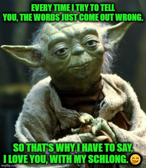 Star Wars Yoda Meme | EVERY TIME I TRY TO TELL YOU, THE WORDS JUST COME OUT WRONG. SO THAT'S WHY I HAVE TO SAY, I LOVE YOU, WITH MY SCHLONG.🤭 | image tagged in memes,star wars yoda | made w/ Imgflip meme maker