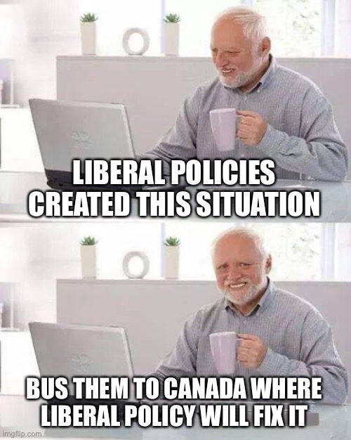 Hide the Pain Harold Meme | LIBERAL POLICIES CREATED THIS SITUATION BUS THEM TO CANADA WHERE LIBERAL POLICY WILL FIX IT | image tagged in memes,hide the pain harold | made w/ Imgflip meme maker