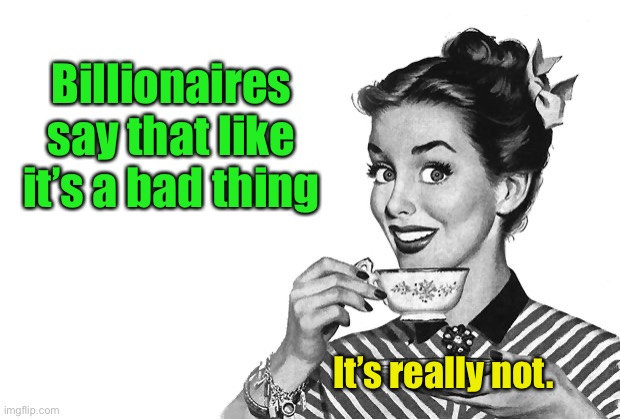 1950s Housewife | Billionaires say that like it’s a bad thing It’s really not. | image tagged in 1950s housewife | made w/ Imgflip meme maker