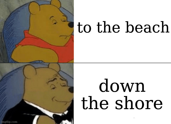 down the shore | to the beach; down the shore | image tagged in memes,tuxedo winnie the pooh | made w/ Imgflip meme maker