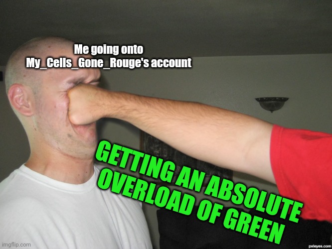 Meme #2,537 | Me going onto My_Cells_Gone_Rouge's account; GETTING AN ABSOLUTE OVERLOAD OF GREEN | image tagged in face punch,green,text,its fine,memes,words | made w/ Imgflip meme maker