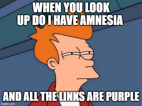 Futurama Fry Meme | WHEN YOU LOOK UP DO I HAVE AMNESIA; AND ALL THE LINKS ARE PURPLE | image tagged in memes,futurama fry | made w/ Imgflip meme maker