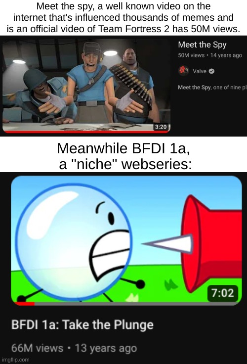 I realized | Meet the spy, a well known video on the internet that's influenced thousands of memes and is an official video of Team Fortress 2 has 50M views. Meanwhile BFDI 1a,  a "niche" webseries: | image tagged in bfdi,tf2 | made w/ Imgflip meme maker