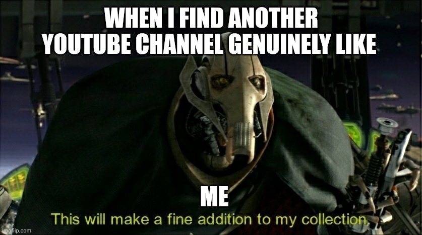 A fine YouTube channel to add to my collection | WHEN I FIND ANOTHER YOUTUBE CHANNEL GENUINELY LIKE; ME | image tagged in this will make a fine addition to my collection | made w/ Imgflip meme maker